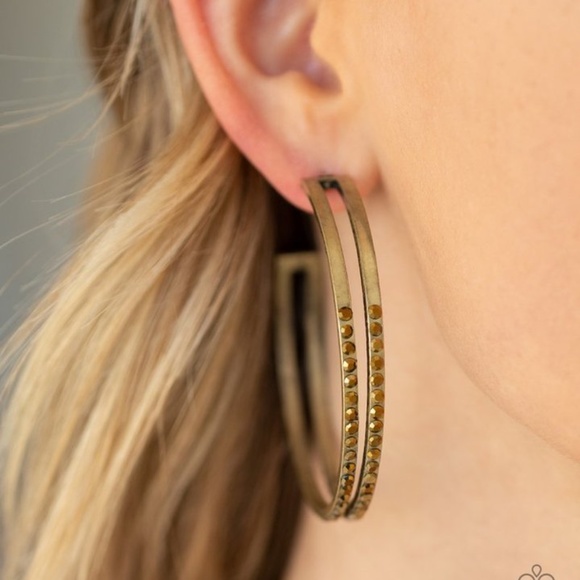 Aurum Rhinestone Brass Hoop Earrings - Picture 2 of 2